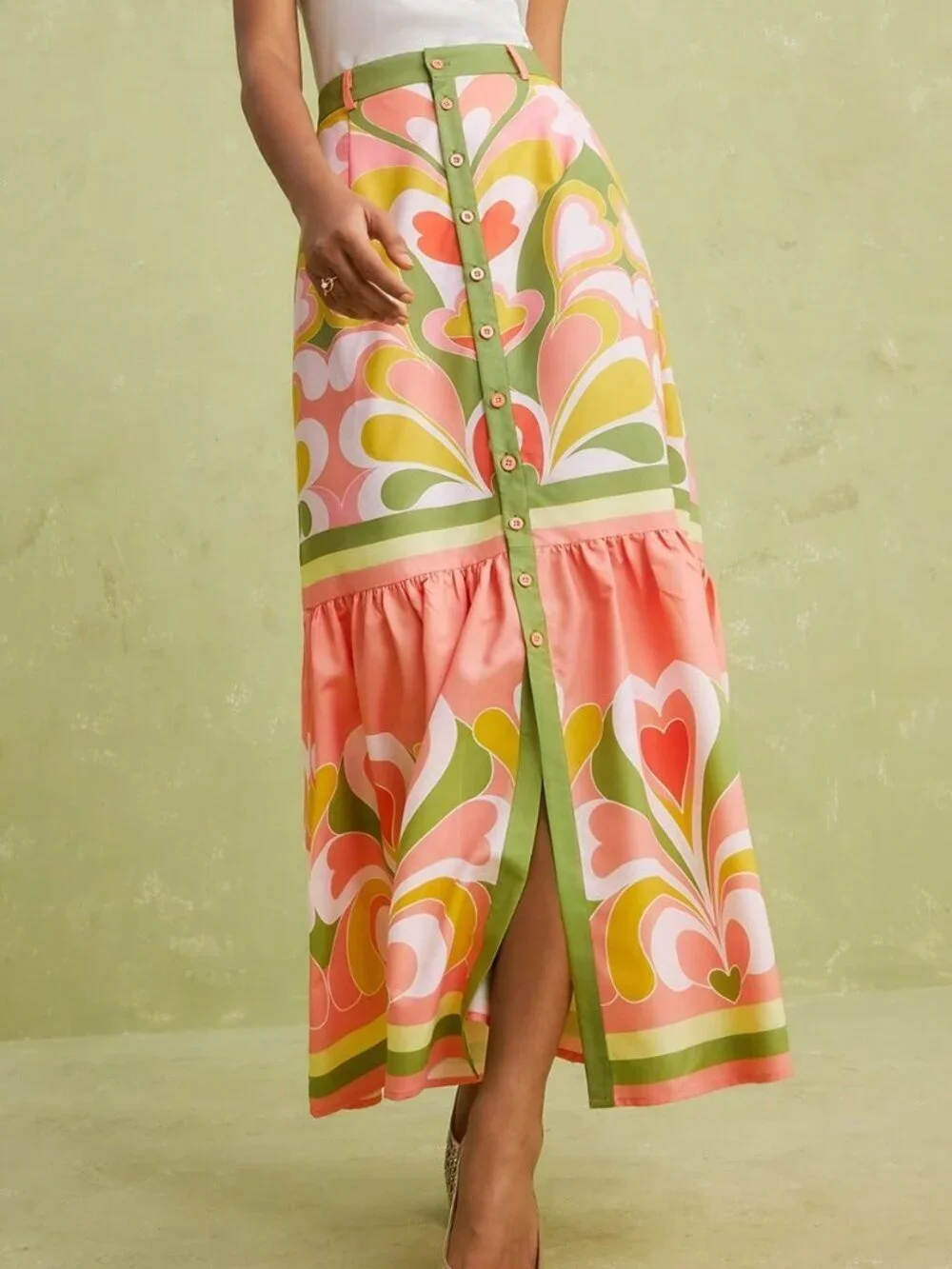 Multicolor Boho Women's Elegant Tea Party Heart Print Front Slit Skirt